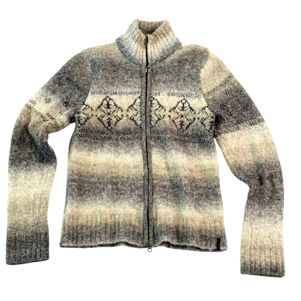 Columbia Women Fair Isle Zip Front Sweater Jacket Cardigan Gray Wool Blend SZ M